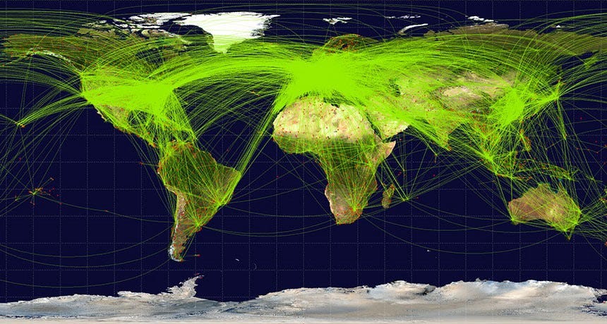 A world flight map with a lot of flights on it