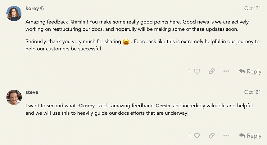 A screenshot of feedback from Korey and Steve from Builder responding to my critique of their docs.