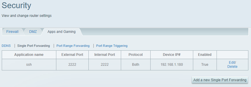 Example router configuration table with single port forwarding for the Pi