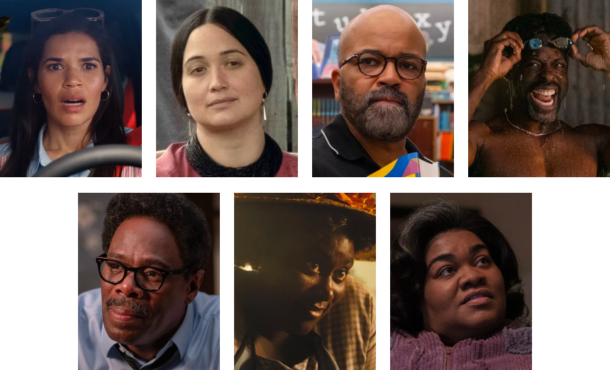 2024 BIPOC Acting nominees in their roles, L-R: (row 1) America Ferrera, Lily Gladstone, Jeffrey Wright, Sterling K. Brown; (row 2) Colman Domingo, Danielle Brooks, Da’Vine Joy Randolph