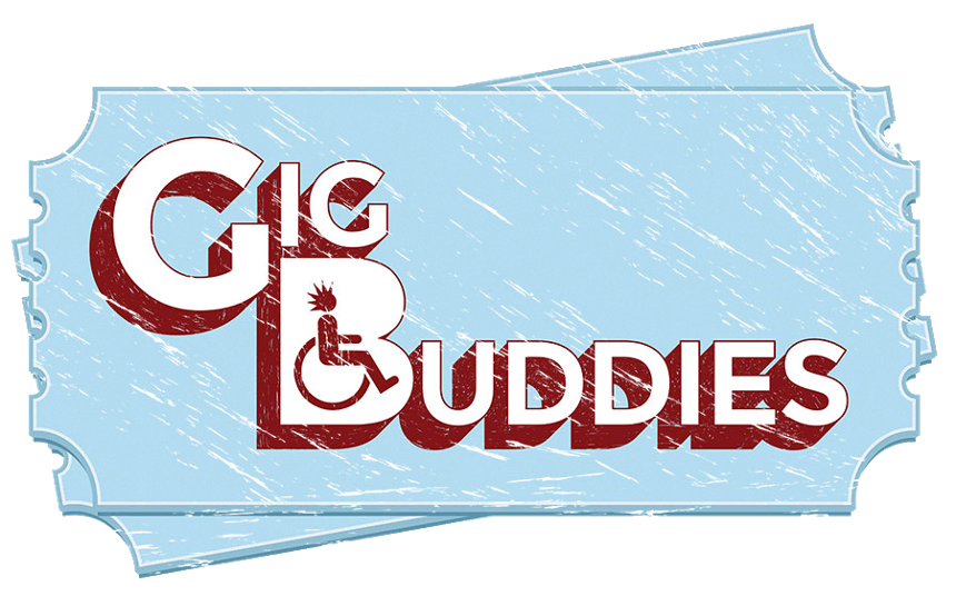 Logo saying ‘Gig Buddies’ written on two tickets. The ‘B’ has an image of a person in a wheelchair with a punk hair do.