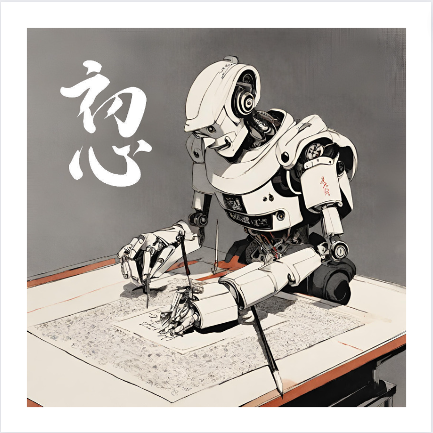 A robot using an ink-dipped brush to write the kanji characters for “shoshin,” a concept from Zen Buddhism meaning beginner’s mind