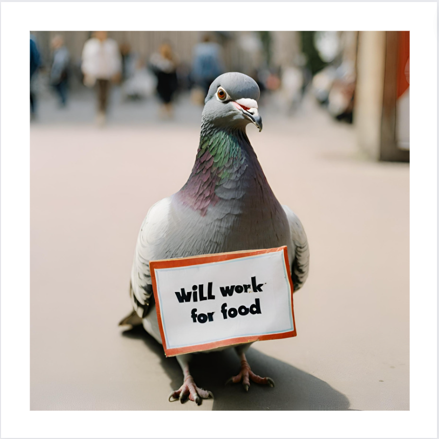 A picture of a carrier pigeon holding a sign that reads “will work for food”