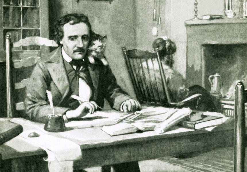 1910 Illustration of Poe working, by Charles Mills Sheldon