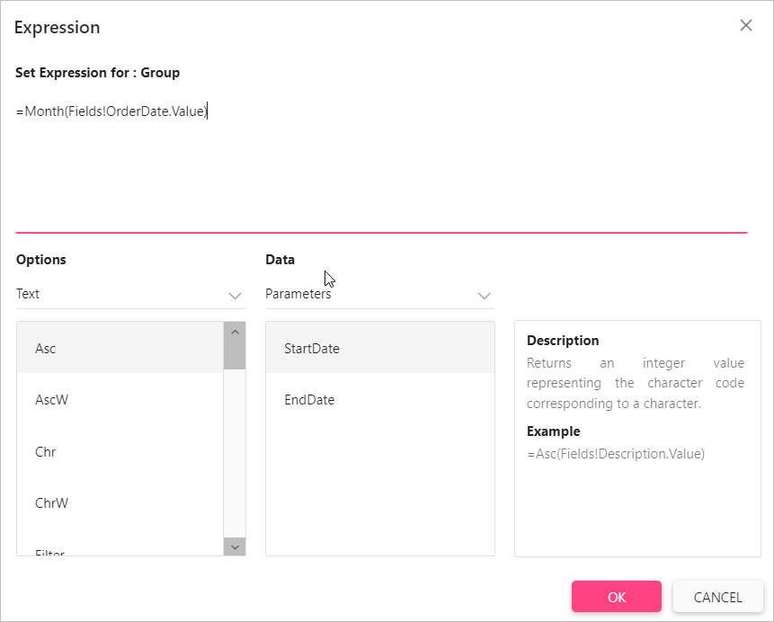 Expression Dialog Box | Reporting Tools Software