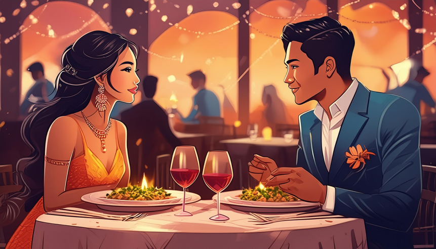 Digital art showing a man and a woman having conversation over dinner at a fancy restaurant on a first date.