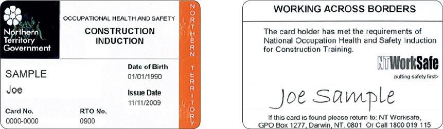 A Northern Territory (NT) White Card.