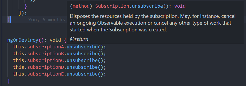 Shows unsubscribing 5 times in the ngOnDestroy lifecycle hook.