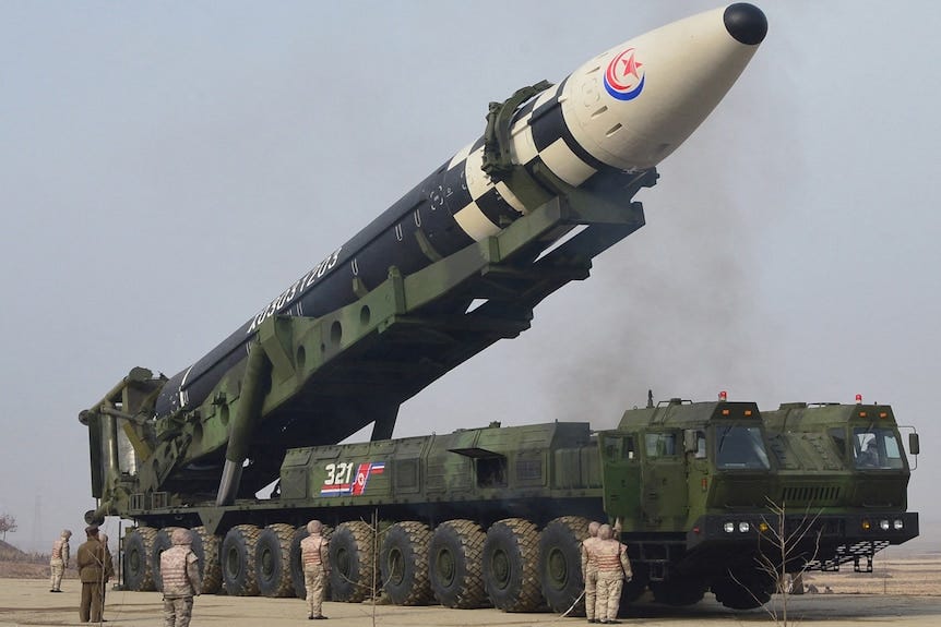 North Korea’s Hwasong-17 intercontinental ballistic missile being prepared for launch.