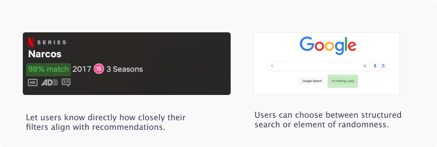 Competitive analysis of Netflix and their match rating as well as the “I’m feeling lucky” Google button.