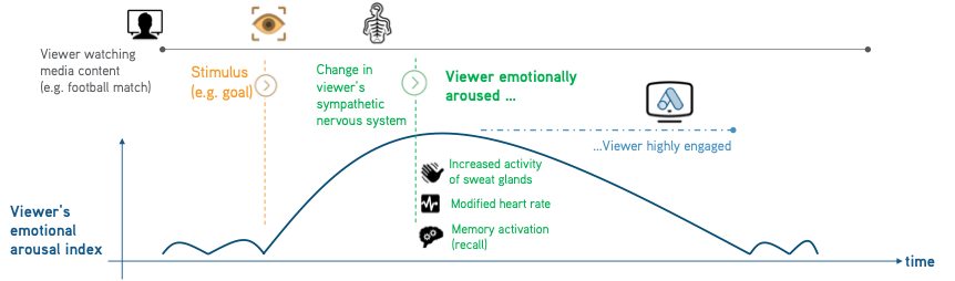 Illustration highly simplified of a viewer subjected to a given external stimulus (e.g. a media content or ad) — perturbation in the viewer’s Sympathetic Nervous System (SNS), tied to the body’s quick involuntary responses.
