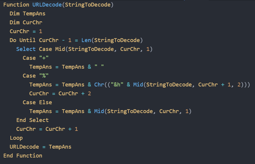 Function URLDecode(StringToDecode) Dim TempAns Dim CurChr CurChr = 1 Do Until CurChr — 1 = Len(StringToDecode) Select Case Mid(StringToDecode, CurChr, 1) Case “+” TempAns = TempAns & “ “ Case “%” TempAns = TempAns & Chr((“&h” & Mid(StringToDecode, CurChr + 1, 2))) CurChr = CurChr + 2 Case Else TempAns = TempAns & Mid(StringToDecode, CurChr, 1) End Select CurChr = CurChr + 1 Loop URLDecode = TempAns End Function