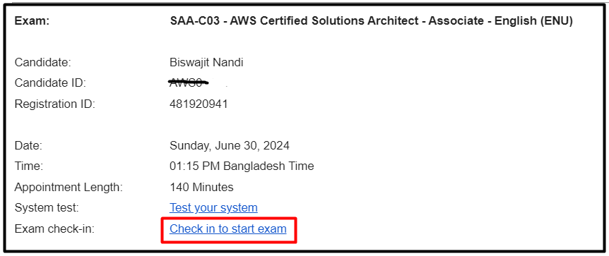 Exam check-in for AWS SAA-C03