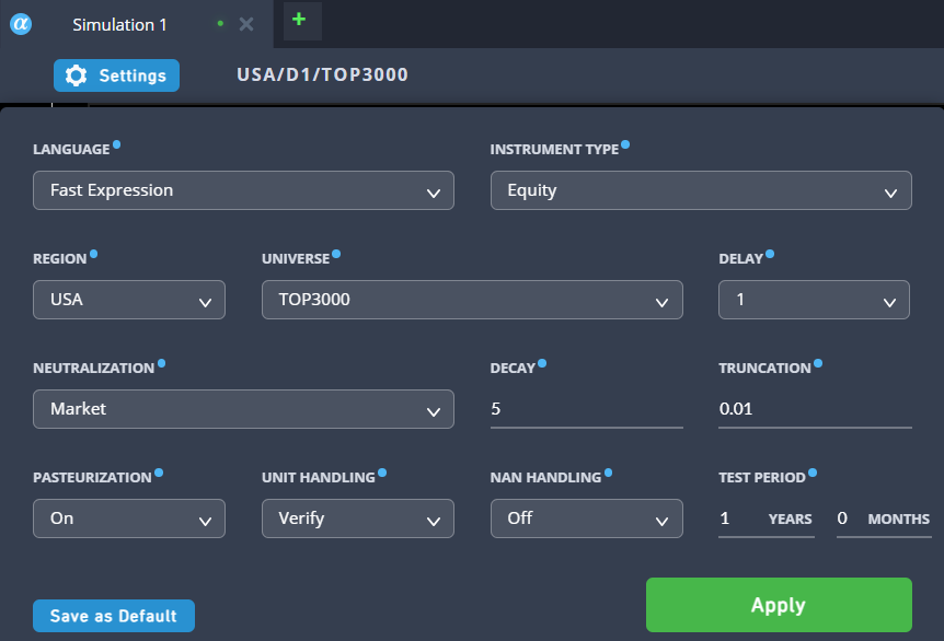WorldQuant Brain — How to Apply the Simulation Environment Settings