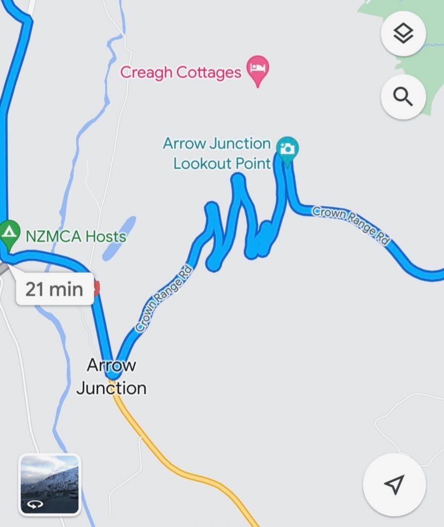 Google Maps showing a very windy route through Arrow Junction, South Island, New Zealand