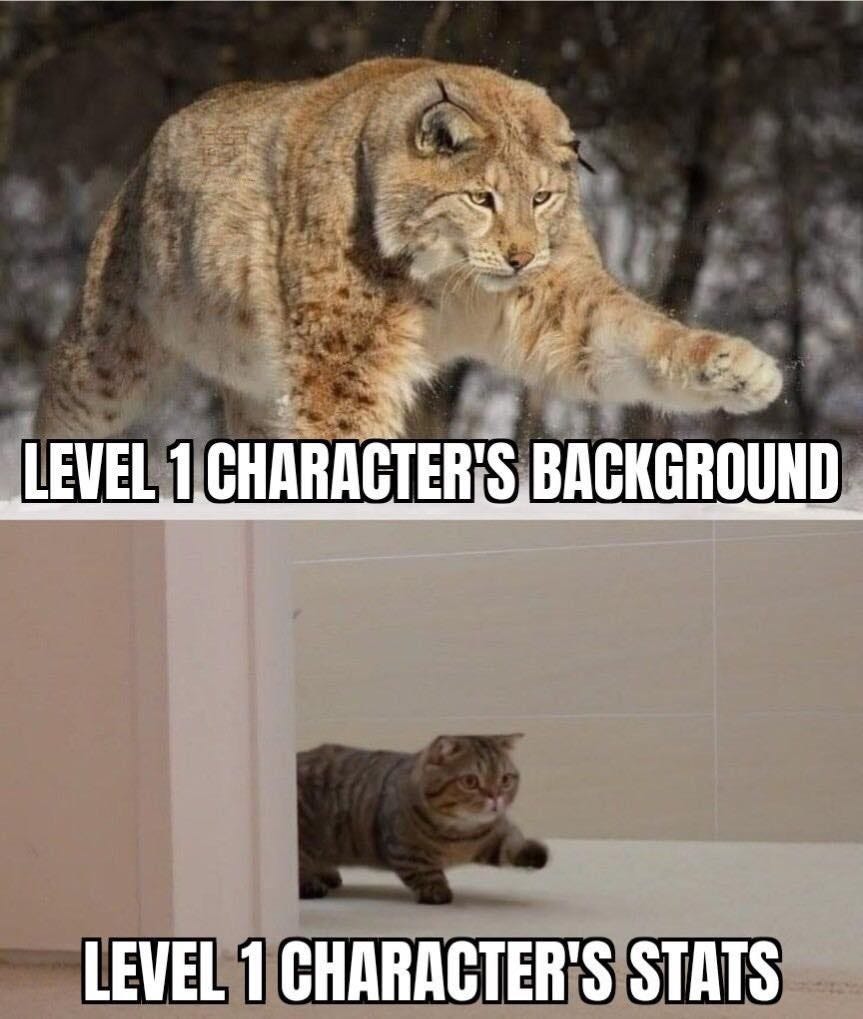 Image: A meme showing a lynx stalking through snow, labeled “Level 1 character’s background,” then a kitten in a similar pose and “Level 1 character stats.”