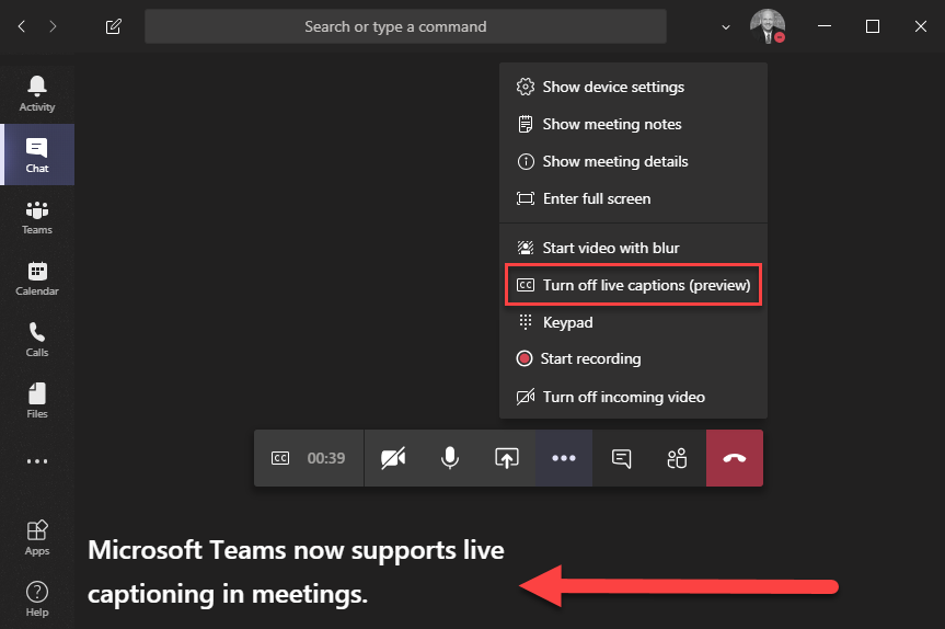 Live captions Microsoft Teams