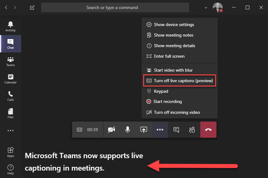 Microsoft Teams Live Captions feature