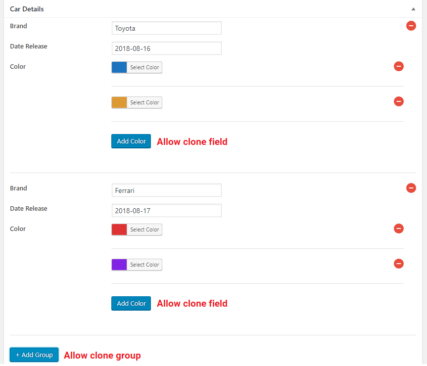 extra buttons allow you to create custom fields / groups