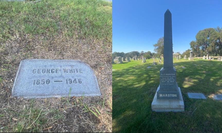 The Marston Family obelisk and George White Marston’s marker. Marston died in 1946 at the age of 96. (KimberlyUs)