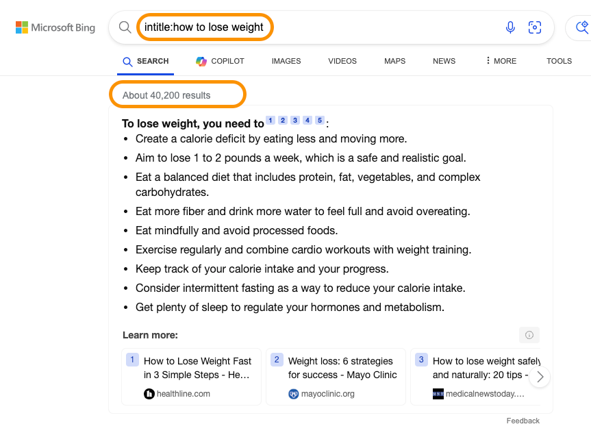 The number of competing pages for weight loss in 40,000+