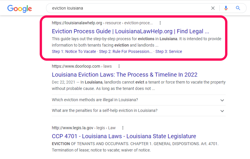 A screenshot of a Google search for “eviction Louisiana” with a LawHelp resource at the top.