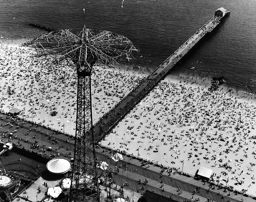 Margaret Bourke-White, Aerial of Parachute Jump and Beach at Coney Island, Brooklyn, N.Y., 1951; Courtesy The Howard Greenberg Gallery.