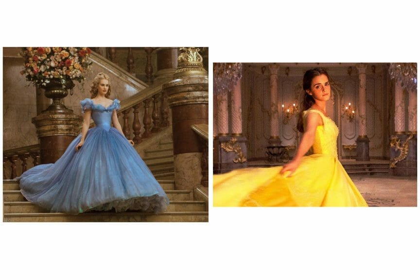 Side by side image of Cinderella’s extravagant blue dress and Belle’s simple yellow dress.