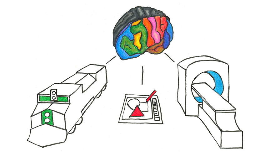 A multi-colored brain with lines to a locomotive, a graphics tablet and a radiation therapy machine.