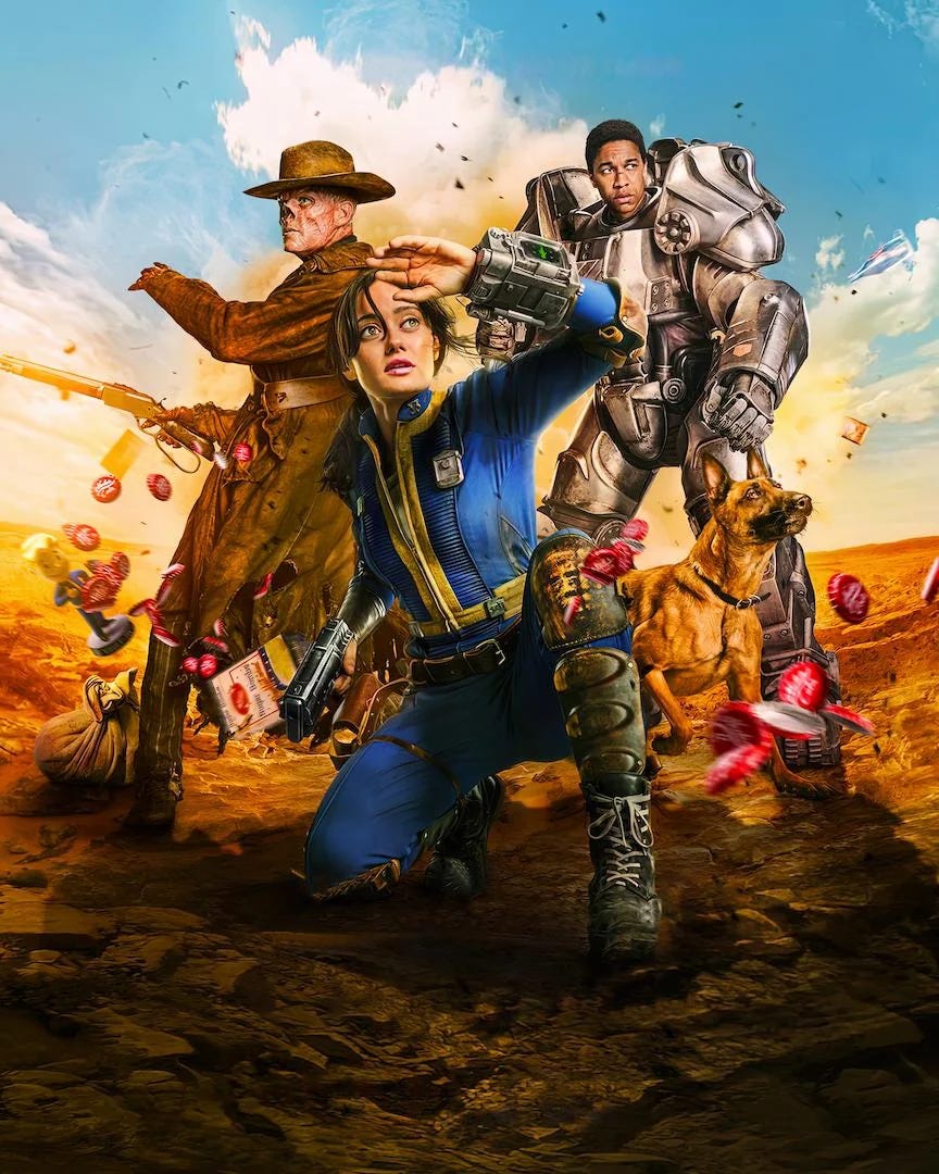 An official poster of the series showing the three main characters The Ghoul, Lucy and Maximus, alongside a doggo.