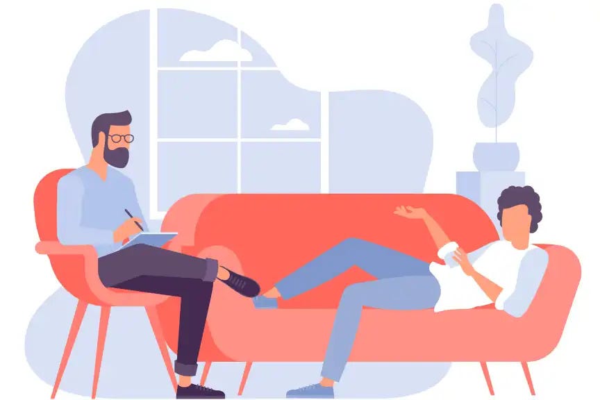 An illustration of a man lying on a couch and talking to his therapist