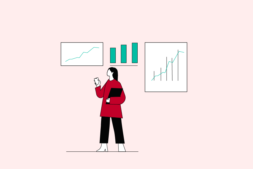 Illustration of a woman standing and staring at three charts and graphs over her head.