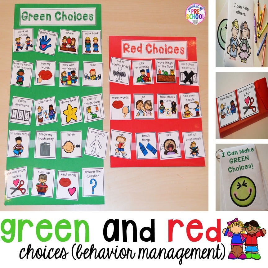 Lists of behaviours presented on a green board vs a red board with the purpose of managing kids’ behaviour in pre-school