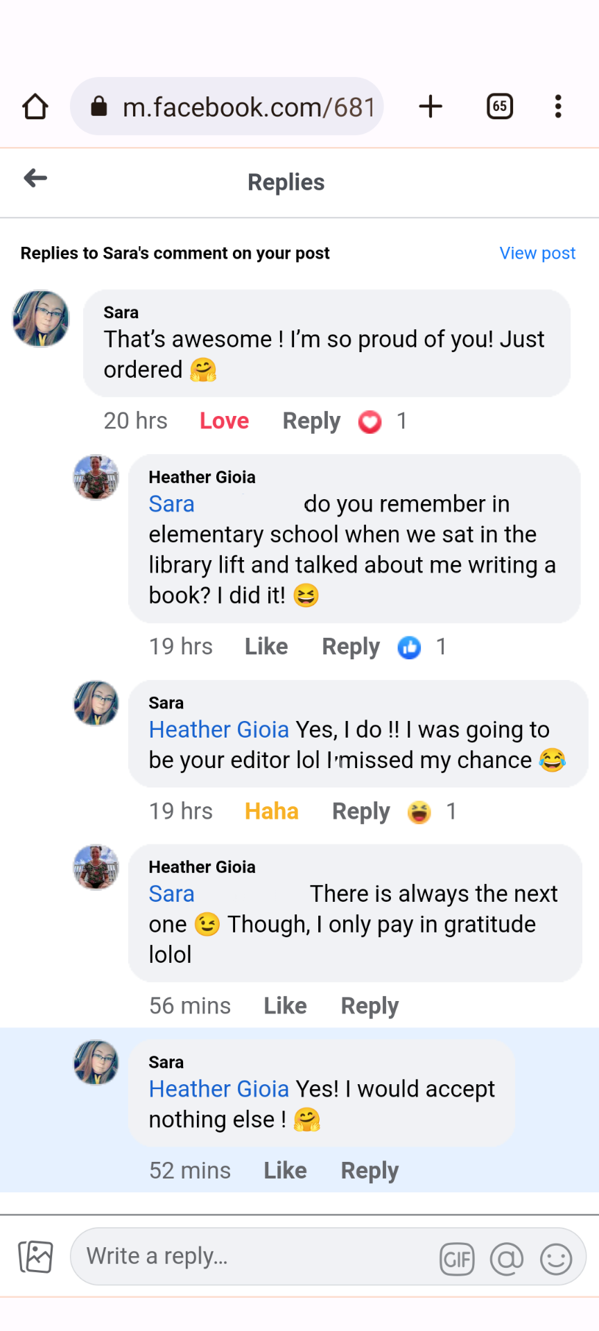 Facebook comments exchange between Heather Gioia and childhood friend, Sara, about early plans to write a book.