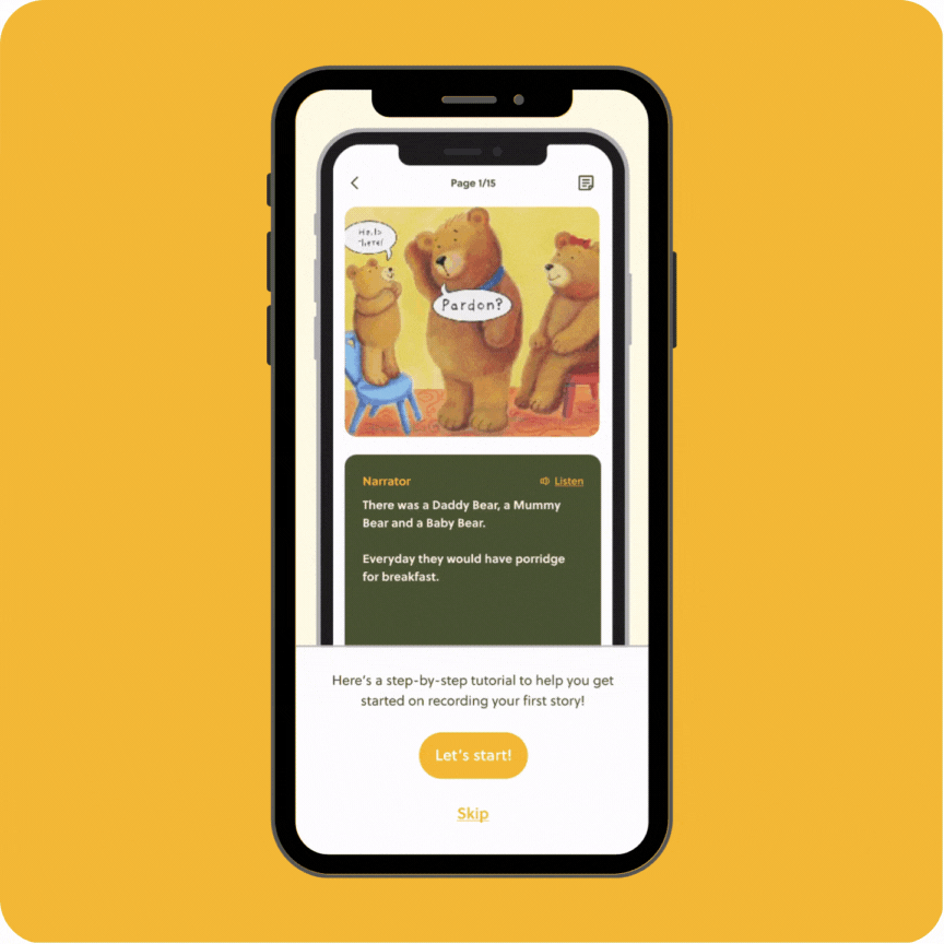 An image showing the third improvement we did for the app — introducing a step-by-step tutorial for users recording a story for the first time.