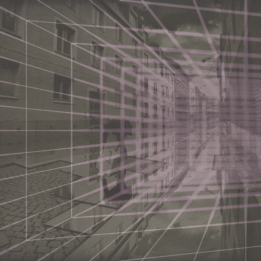 GIF image of a rained street, few grid lines and shards containing reflections. All blending together like image is breathing.