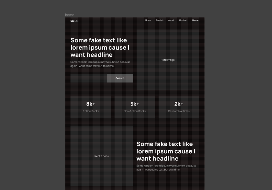 Wireframe view of a landing page mainly containing Rectangles and some texts.