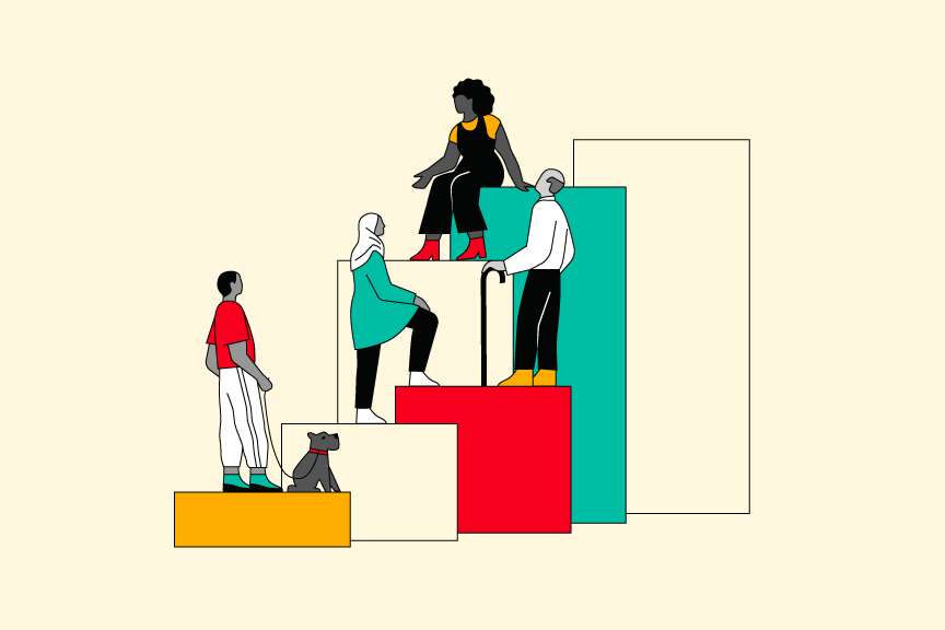 Colorful illustration of a group of diverse people talking while standing on different leveled blocks.