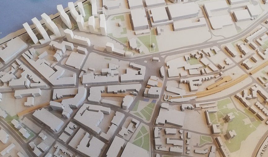 Close up of an architect’s model of London, centred on Woolwich
