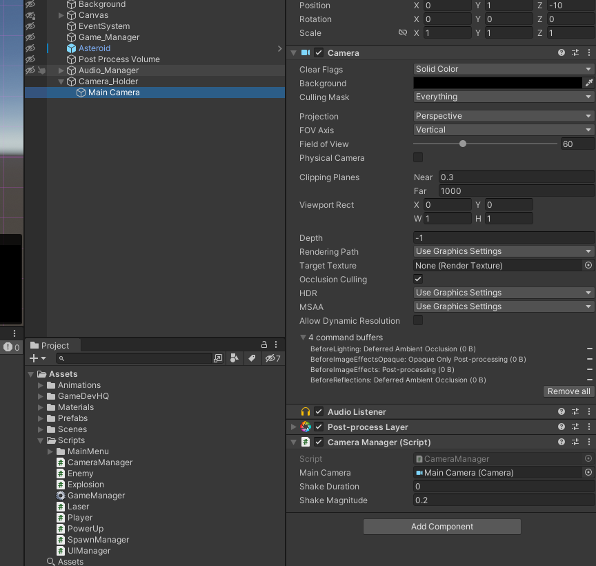 Screenshot of opened Space Shooter game in Unity, revealing Inspector & Hierarchy menu for Main Camera, now located within Camera_Manager gameObject. Main Camera is highlighted to display the properties and details of the component selected.