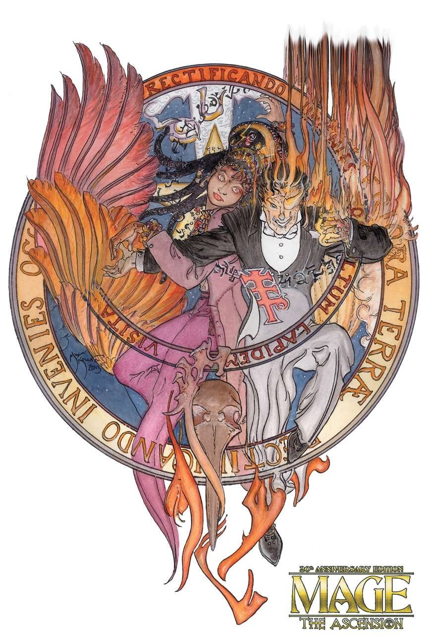 A man and woman posing within a magical seal, surrounded with arcane symbols. There are arcane words around the seal’s rim.