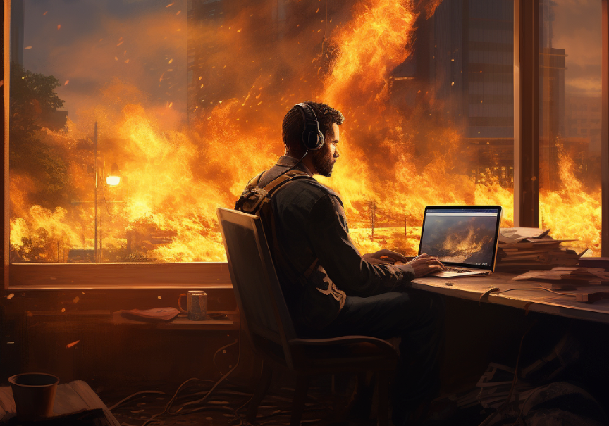 Person on a computer while the outside is burning.