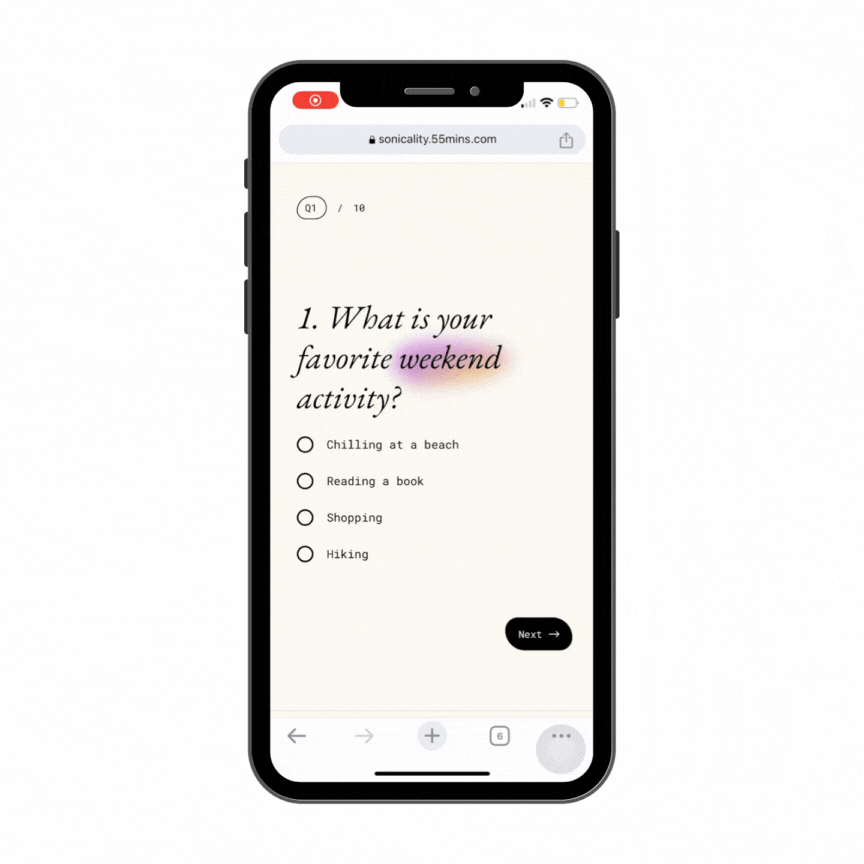 A GIF of the quiz questions page on Sonicality’s website, showcasing the subtle movement of the animated blob shape gradient in shades of yellow and purple to highlight words.