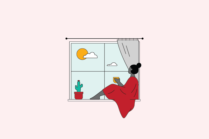 Illustration of a woman sitting on a windowsill, looking outside at the sky.