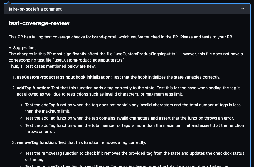 A GitHub review comment left by the automated review. It contains suggestions of where to add test coverage.