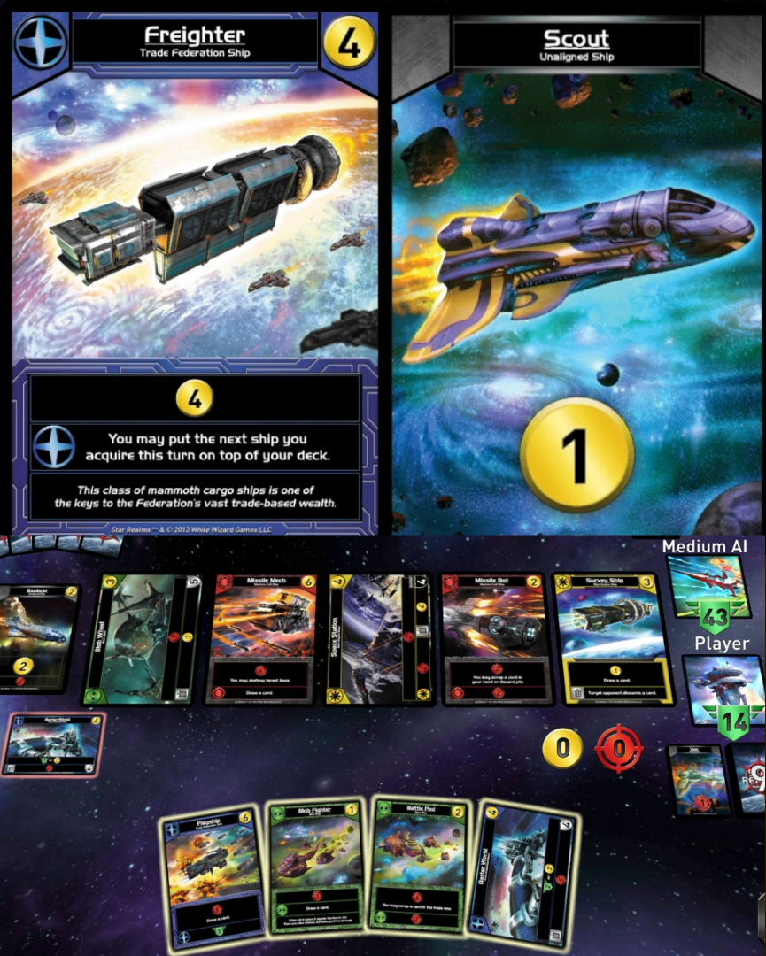 A picture of two cards, the Freighter and Scout, and a scene from a played game described in the text.