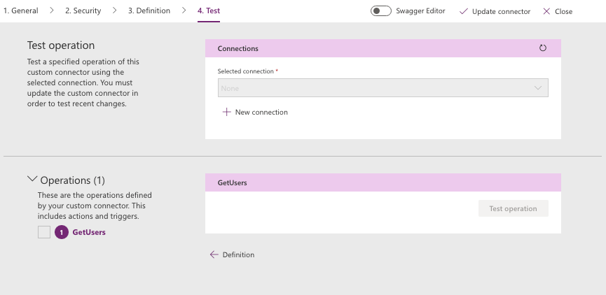 Create custom connector in Power Apps environment, Test and Create connection step — Cloudatica example