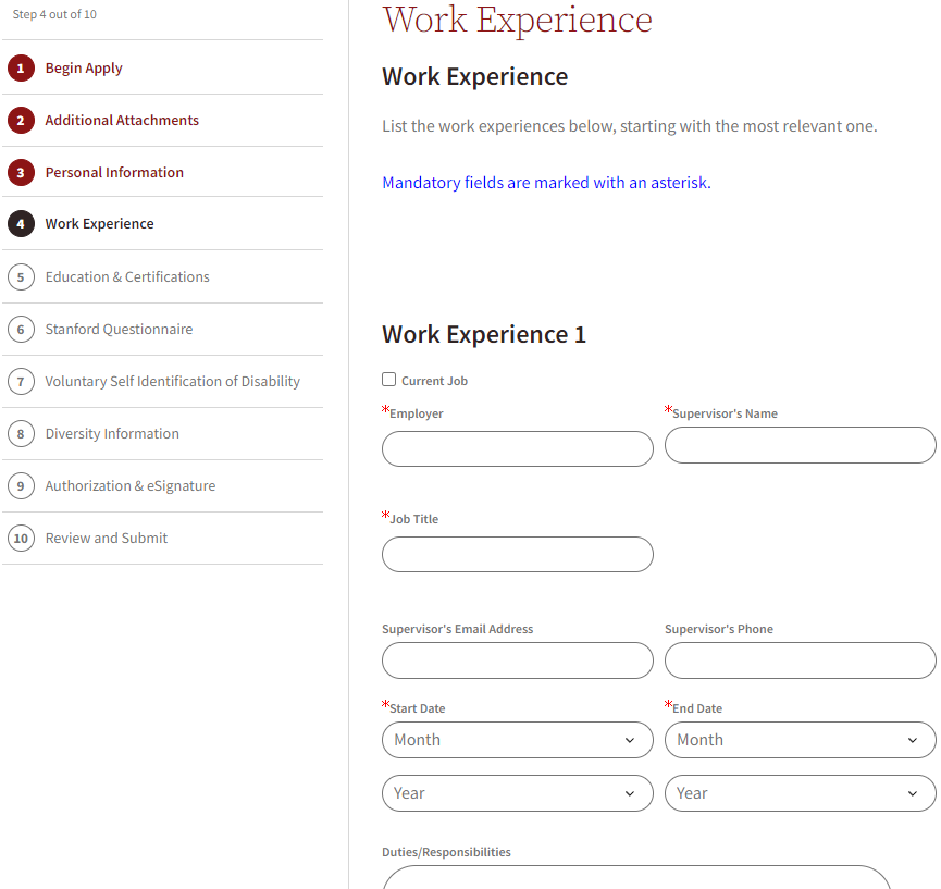 A web-based form to input Work Experience for a job application