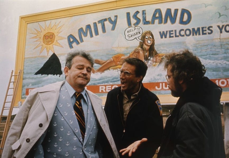 Roy Scheider in Jaws trying to talk some sense into the Mayor of Amity Island as Richard Dreyfuss looks on