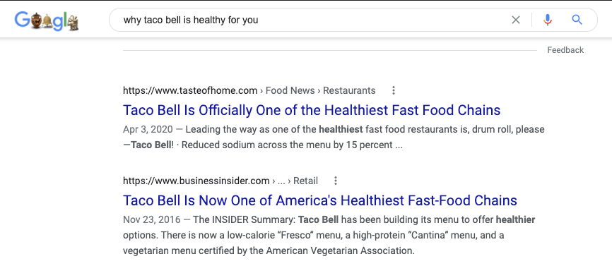 Google search of why Taco Bell is healthy for you
